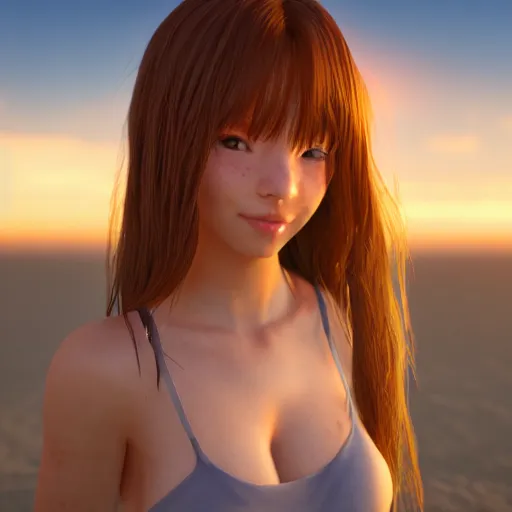 Image similar to Render of a very beautiful 3d anime girl, long hair, hazel eyes, cute freckles, full round face, short smile, cute, golden hour, serene beach setting, medium shot, mid-shot, highly detailed, trending on Artstation, Unreal Engine 4k