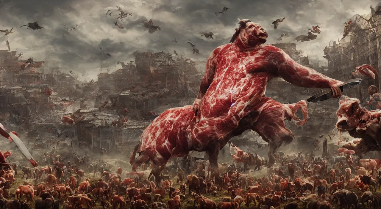 Image similar to a giant butcher holding a meat cleaver invading a huge animal farm, large scale, breathtaking, mixed media, digital art, trending on artstation, 8k, epic composition, highly detailed, AAA graphics