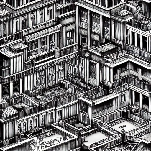 Image similar to a highly detailed, black and white, beautiful city in the style of MC Escher, 4K