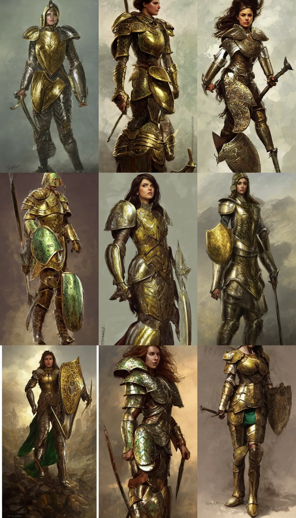 Prompt: full body portrait of a female italian warrior medium length brown hair and a very highly detailed face wearing elegant golden plate mail armor with green and white painted accents, holding a rectangular tower shield, very highly detailed, artstation, cgsociety, realistic character concept art, sharp focus, by greg rutkowski, artgerm, and alphonse mucha