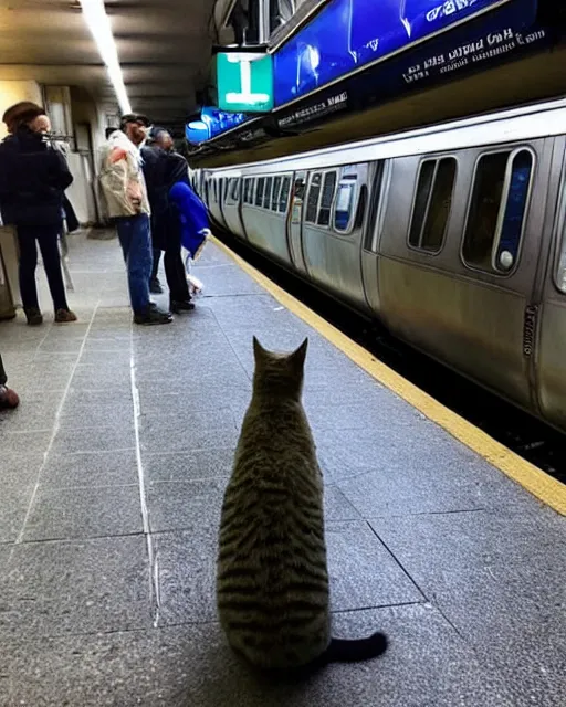 Prompt: cat standing up, cat standing on its hind legs, waiting for a subway train in new york city, as seen on reddit, photograph