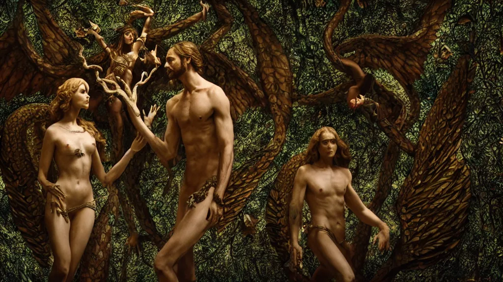 Image similar to Adam and eve with winged lizard, the tree of life, maximalist, high detail, 8k, ornate, dark fantasy, realistic, masterpiece, complex, WLOP, film still from the movie directed by Denis Villeneuve, wide angle