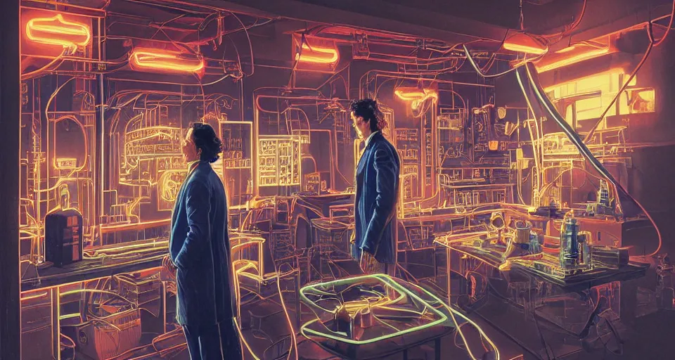 Prompt: nikolai tesla in his lab, glowing lines on his jacket, electrical arcs, neon glow, highly detailed, digital art, intricate, dramatic lighting, retro futuristic, neon colors, cinematic, art by norman rockwell, greg rutkowski, moebius, artgerm