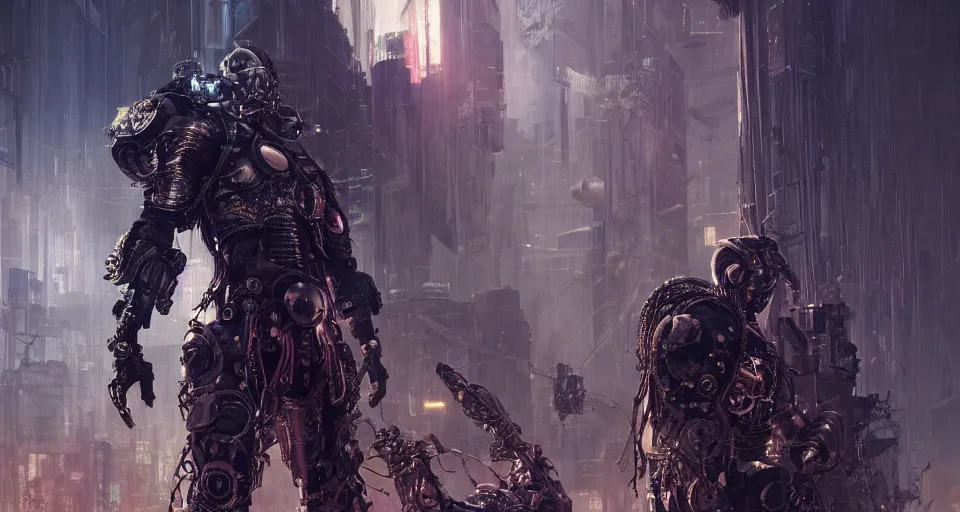 Image similar to cyberpunk gladiator, cinematic, highly detailed, octane render, cg, rich cinematic atmosphere, perfect digital art, mystical journey in strange world, Mystical, cyberpunk, tech war, sci-fi, surreal, glowing lights, sharp focus, dystopia, post apocalyptic vibes, high detailed, by Akihiko Yoshida, michael whelan and Karol Bak - H 1024