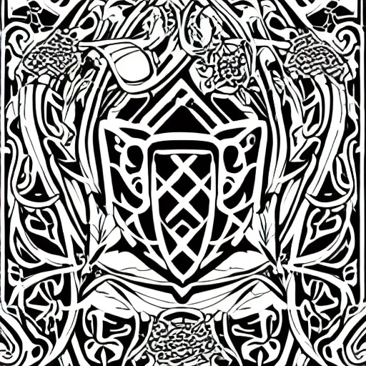 Prompt: a simplified black and white vector based illustration about a garden that grows a suit of armor, created in Adobe illustrator and Coreldraw, in the style of art nouveau and classic tattoos, black ink shading on white background, smooth and clean vector curves, no jagged lines, vinyl cut ready