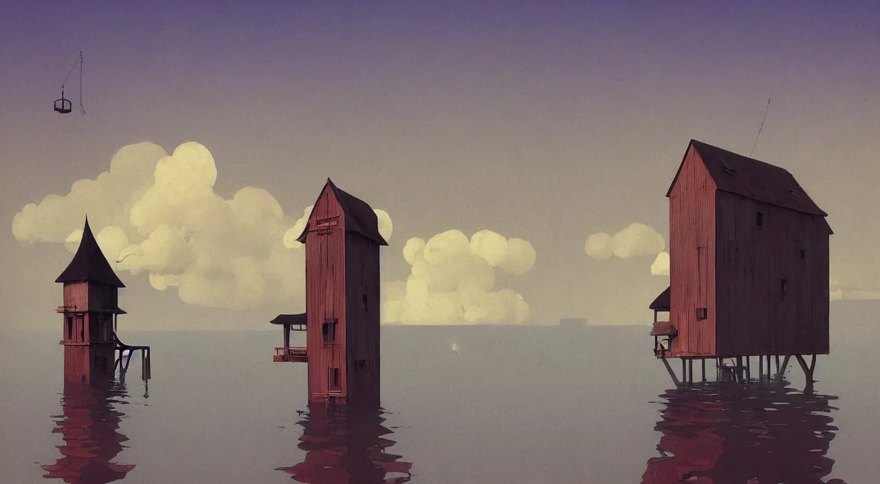 Image similar to single flooded simple old wooden tower, very coherent and colorful high contrast!! masterpiece by rene magritte simon stalenhag carl spitzweg syd mead norman rockwell edward hopper james gilleard, minimalist, dark shadows, sunny day, hard lighting