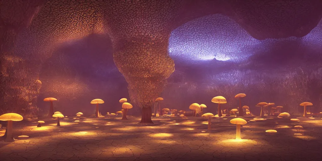 Image similar to Photorealistic exterior of a minimalist design mosque in giant glowing mushroom underworld dark cave, with domes and arches, people and androids wearing traditional japanese clothing. photorealism, UHD, amazing depth, glowing, golden ratio, 3D octane cycle unreal engine 5, volumetric lighting, cinematic lighting, cgstation artstation concept art