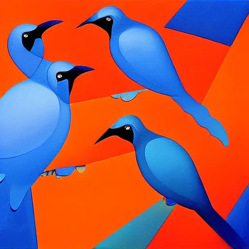 Image similar to a painting of a group of blue and orange birds, an airbrush painting by jarosław jasnikowski, cgsociety, generative art, angular, cubism, biomorphic