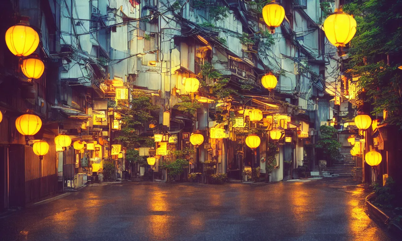 Image similar to A film still from a 1990s Sailor Moon cartoon featuring a moody street in Kyoto Japan with a waterfall and lanterns, lofi aesthetic, golden hour, cinematic look, film grain, high detail, high resolution, 8k