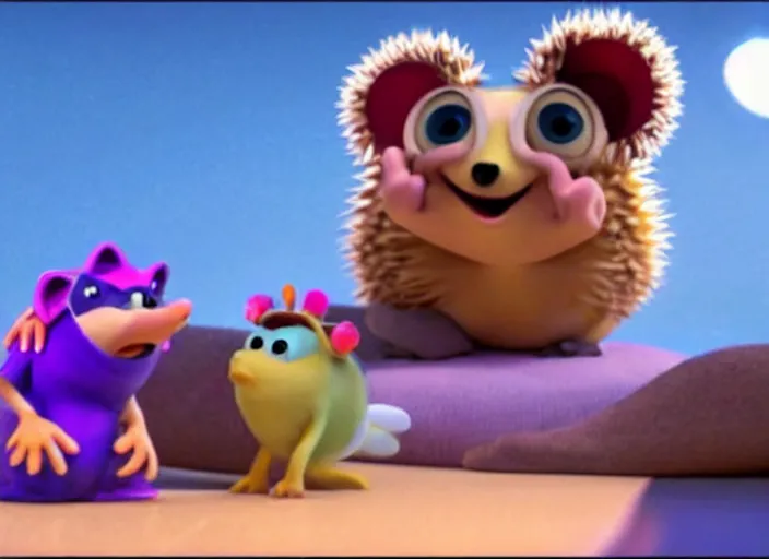 Prompt: a still from a pixar movie, of a hedgehog wearing a crown inside a scifi spaceship