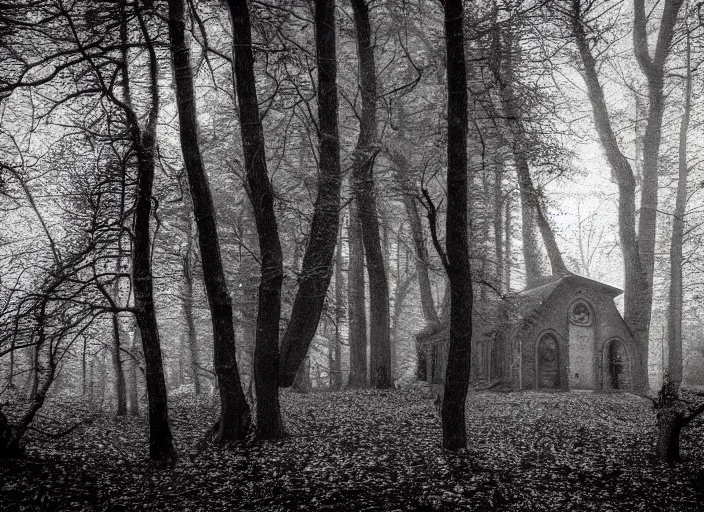 Image similar to church in the wood, by Jakub Rozalski, lomography photo, blur, unfocus, red monochrome
