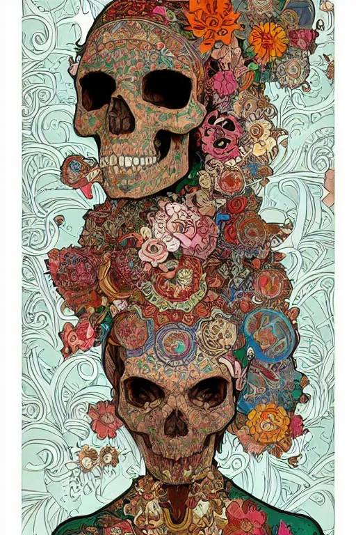 Image similar to skull portrait half girl half skeleton illustration detailed patterns art of thai traditional dress, pop art, splash painting, art by geof darrow, ashley wood, alphonse mucha, makoto shinkai