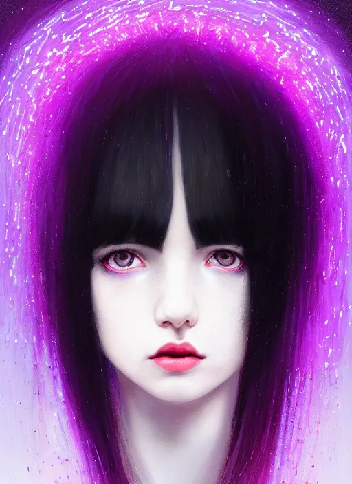 Image similar to hair blackbangs hair, white hair, blackbangswhitehair, portrait of teenage girl with black bangs, red irises, purple clothes, black bangs, bangs are white hair is black, intricate, elegant, glowing lights, highly detailed, digital painting, artstation, concept art, sharp focus, illustration, art by wlop, mars ravelo and greg rutkowski