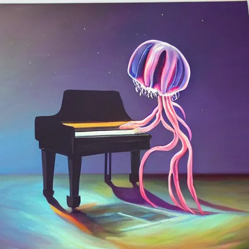 Image similar to a painting of a jellyfish playing the piano on stage in the spotlight