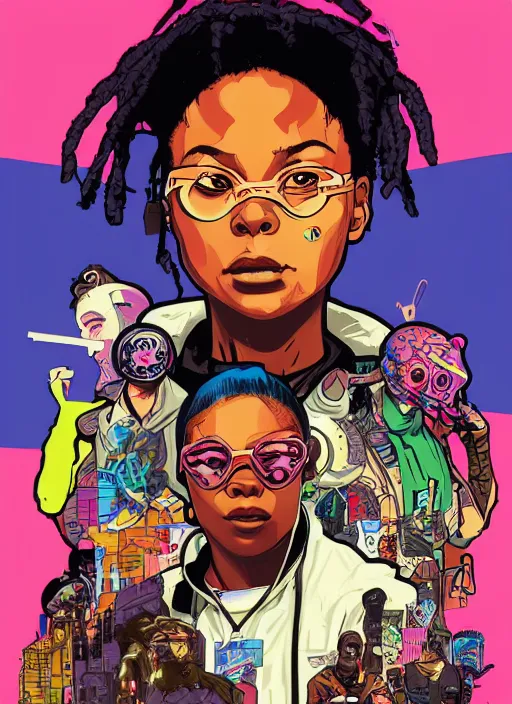 Prompt: sophia igwe. cyberpunk. portrait illustration, pop art, splash painting, art by geof darrow, ashley wood, alphonse mucha, makoto shinkai ( apex legends )