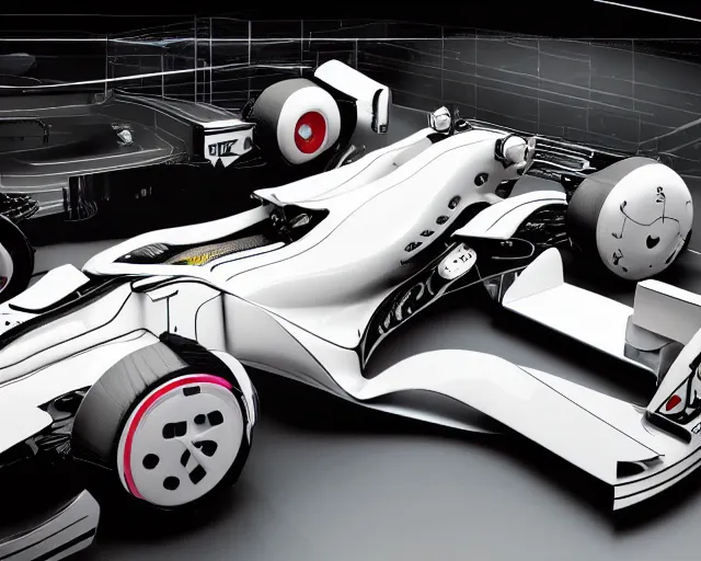 Prompt: f1 car, translucent white plastic skin, hyper detailed, scifi graphics hud, wires hanging from ceiling, octane render, character concept art, large windows, ghost in the shell, cyborg, 8k, intricate highly detailed geometric patterns blending into the background, bold lines