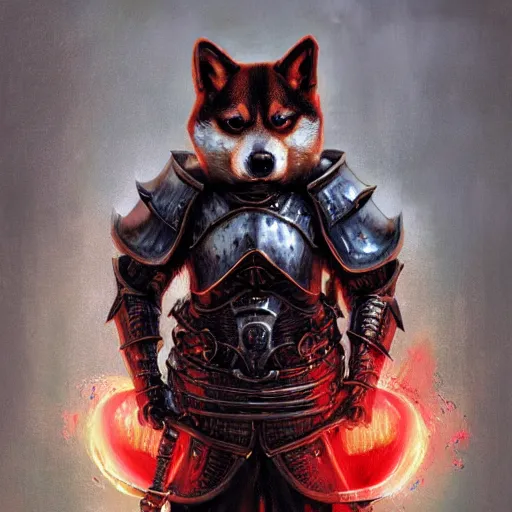 Image similar to anthropomorphic shiba inu, wearing berserk anime skullknight armor and sword, blood aura red light, fantasy, dark, portrait art by donato giancola and greg rutkowski, realistic face, digital art, trending on artstation, symmetry