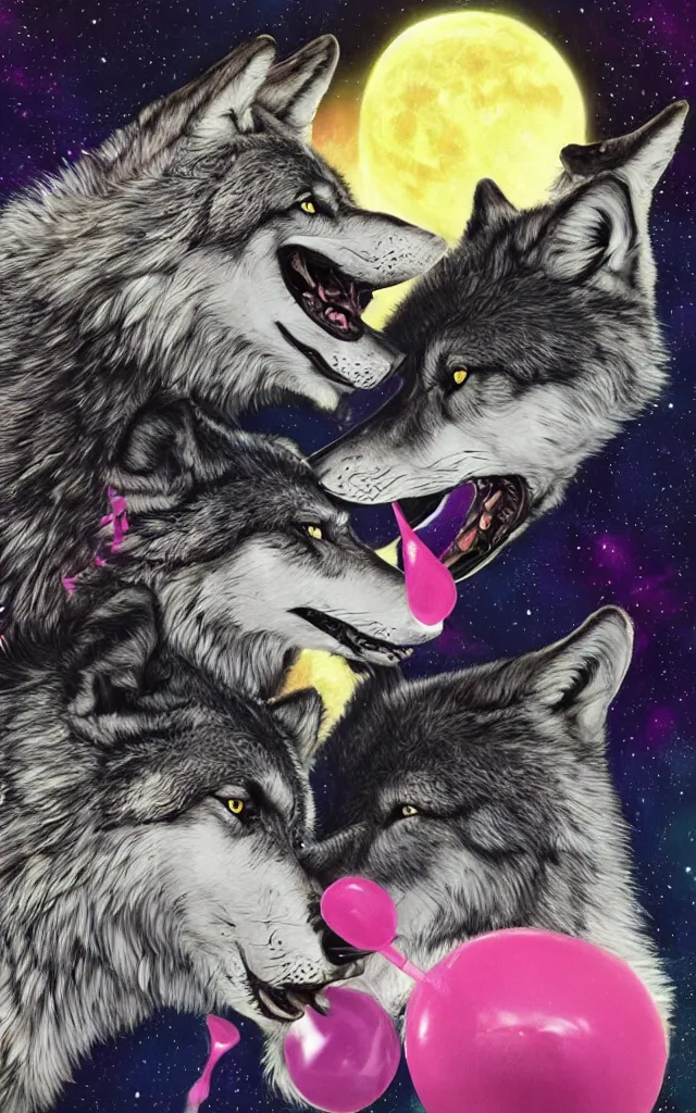 Image similar to a pair of wolves sharing a big lollipop with pink mouth, night, airbrush fantasy 80s, masterpiece album cover with black gradient on edges
