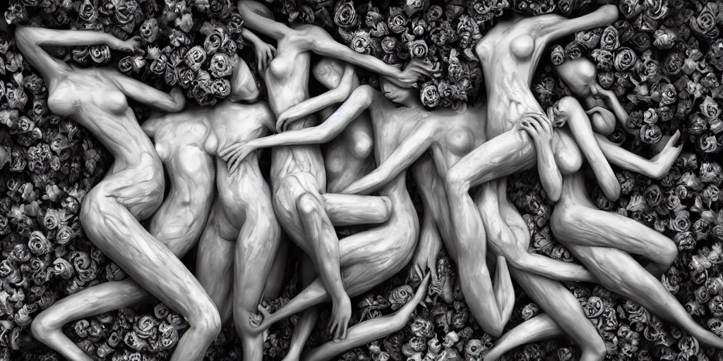 Prompt: surrealist sculpture human bodies intertwined, a lovely cornucopia of flowers and human body parts, body parts, paint pour, swirling paint colors, black and white photography, desaturated, highly detailed, octane render, cinematic