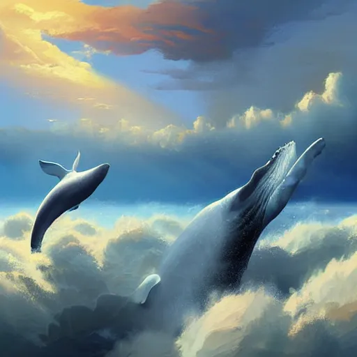 Image similar to digital painting of a whale flying through the clouds. dramatic lighting. god rays. by artem rhads chebokha