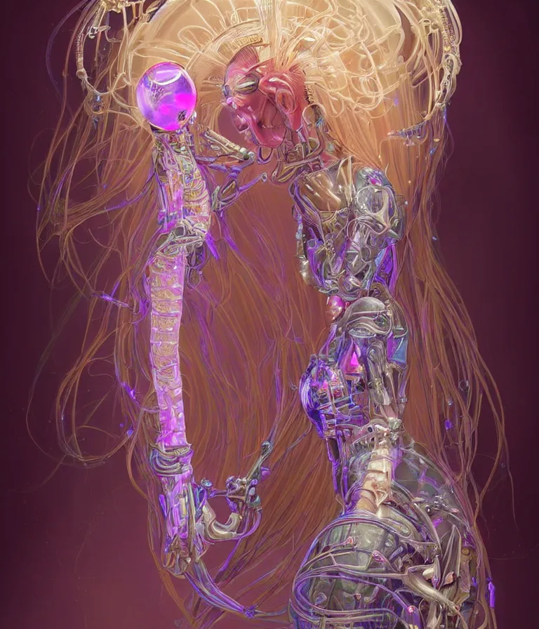 Prompt: fully symmetrical centered iridescent portrait of a beautiful princess in robe. artificial muscles, ribcage, bones, hard surface modelling. cyberpunk look. biomechanical mask. bio luminescent biomechanical halo around head. neon jellyfish. artwork by jarold Sng by artgerm, by Eddie Mendoza, by Peter mohrbacher by tooth wu, unreal engine, octane render, cinematic light, high details, iridescent colors, dichroic, macro, depth of field, blur