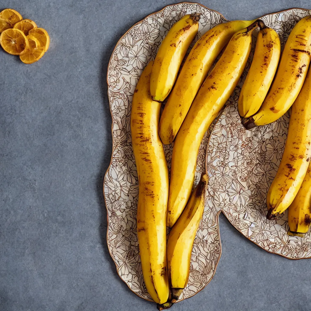 Image similar to very long roasted bananas with cut orange slices, on art nouveau embroidered designer plate with flowery pattern closeup, hyper real, food photography, high quality