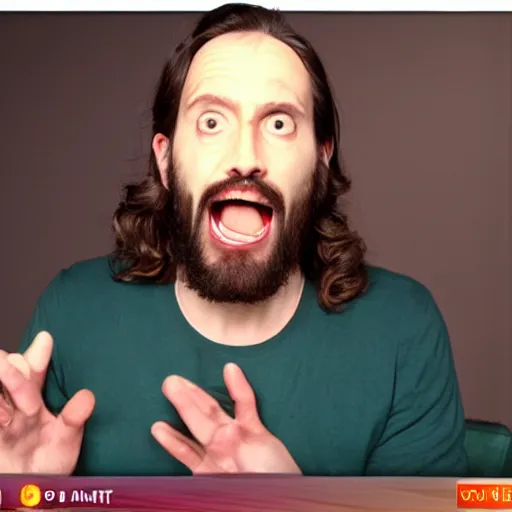 Prompt: jesus christ twitch stream, mouth wide open with his hands on his head, screenshot