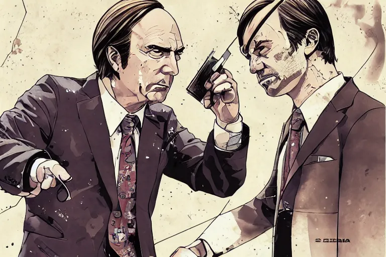 Prompt: better call saul illustration by shigenori soejima, jimmy mcgill and kim wexler