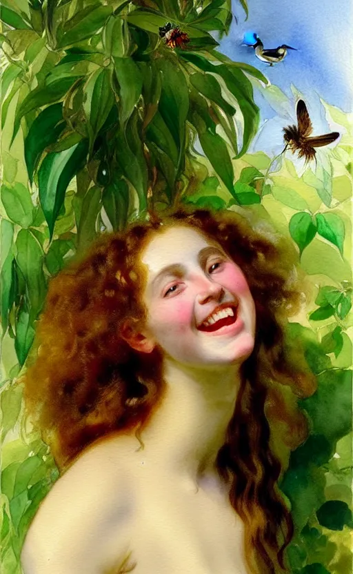 Image similar to the face of a young woman with marble complexion, angelic features, dancing curls around her face, her head raised in rapture, laughing, symmetrical eyes, watercolor by john singer sargent, background lush vegetation, insects and birds, 8 k uhd