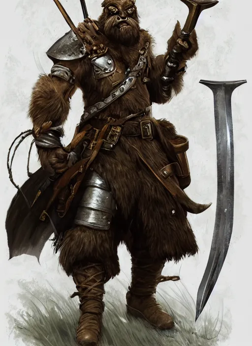 Image similar to strong young man, photorealistic bugbear ranger holding aflaming sword, black beard, dungeons and dragons, pathfinder, roleplaying game art, hunters gear, jeweled ornate leather and steel armour, concept art, character design on white background, by alan lee, norman rockwell, makoto shinkai, kim jung giu, poster art, game art