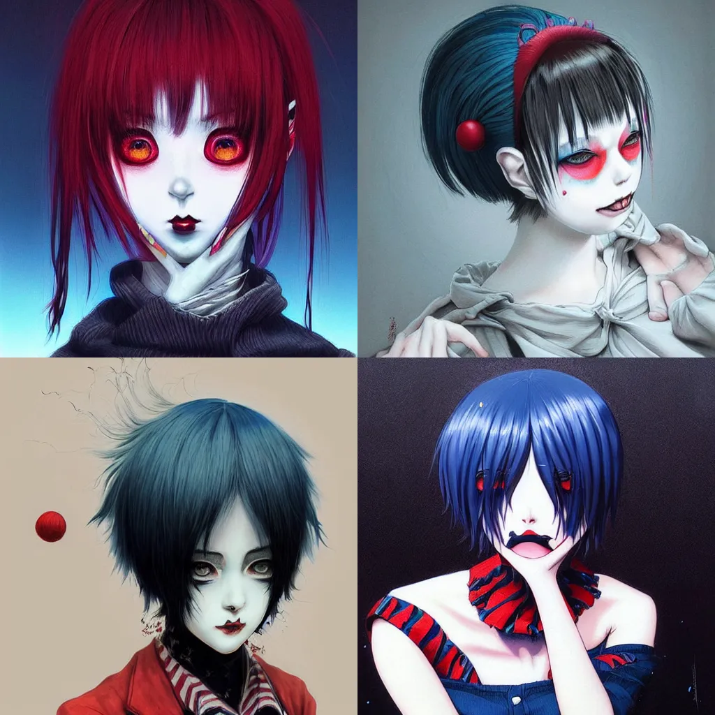 Prompt: beautiful! coherent! detailed! expert! professional manga seinen portrait art of an emo goth jester clowngirl, painted by ilya kuvshinov!!! and zdzislaw beksinski