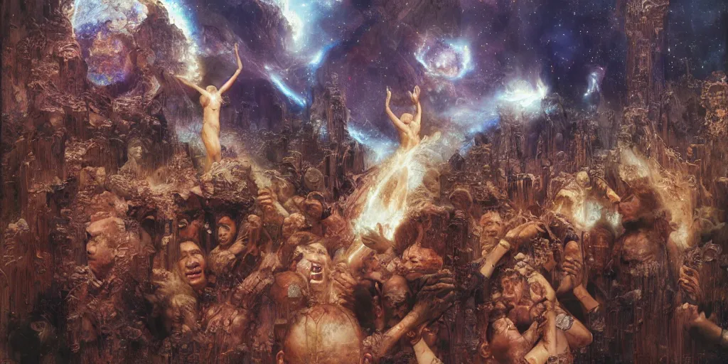 Prompt: supernova, stone jungles, people praying with hands up to the sky, stars, painted by steve mccurry, ruan jia, raymond swanland, lawrence alma tadema, zdzislaw beksinski, norman rockwell, jack kirby, tom lovell, alex malveda, greg staples