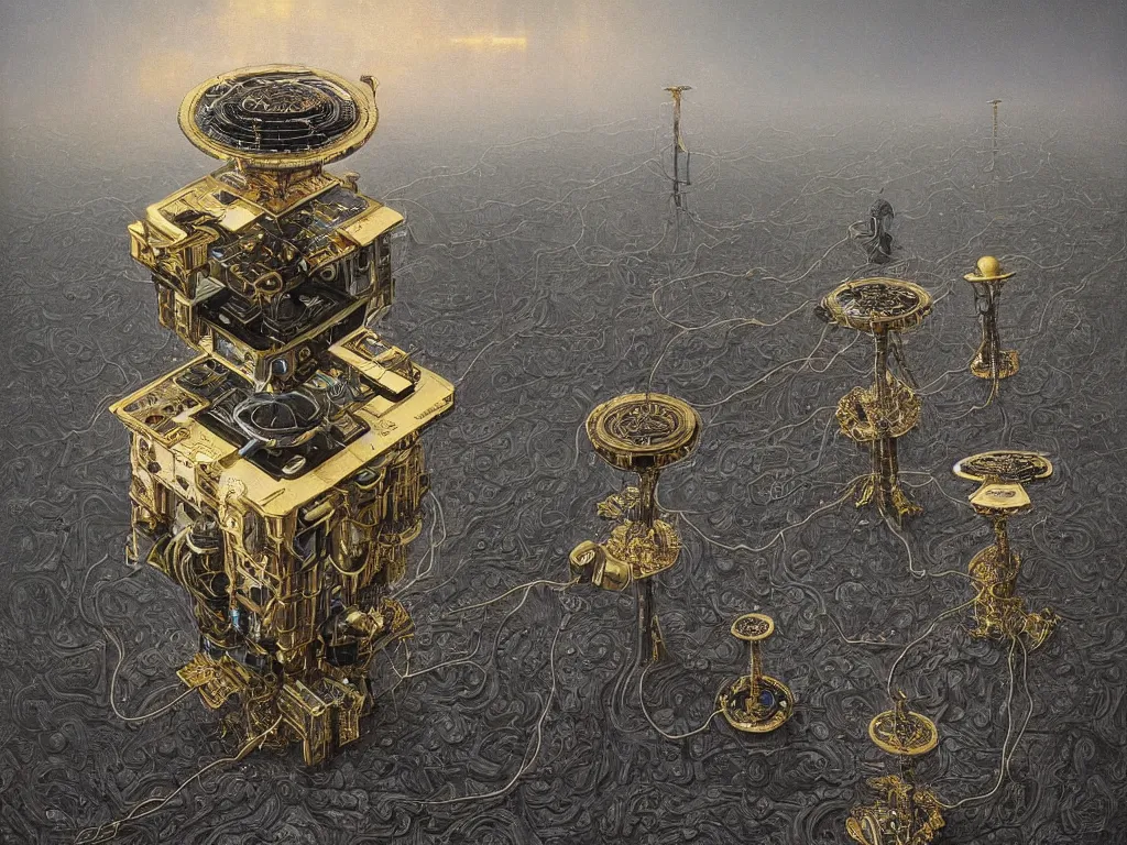 Prompt: A beautiful hyper realistic detailed painting cybernetic hybrid of two gigantic tall skyscaper sized quantum computers and an espresso machine on a vast black granite tarmac, cybernetic mushroom, gold and silver and brass, elite satisfying cable management, by Beksinski, beeple, unreal engine