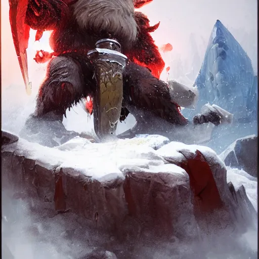 Image similar to ornn with beard the molten god ram of forge with his anvil in the ice world by greg rutkowski