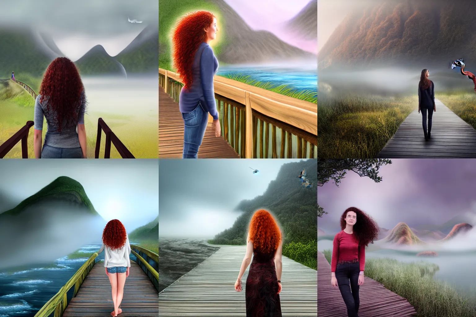 Prompt: a realistic digital painting of a woman with curly long redhair standing in a boardwalk besides a river looking at a dragon in the mountains that is covered by a fog in a thunderous weather