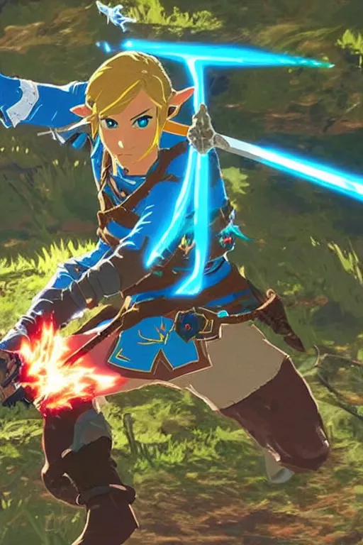 Prompt: in game footage of link from the legend of zelda breath of the wild firing an exploding arrow, breath of the wild art style.