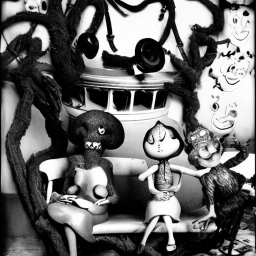 Image similar to a black and white photograph by gary baseman, robert crumb, jim henson, photorealistic, surreal, high contrast, film photography