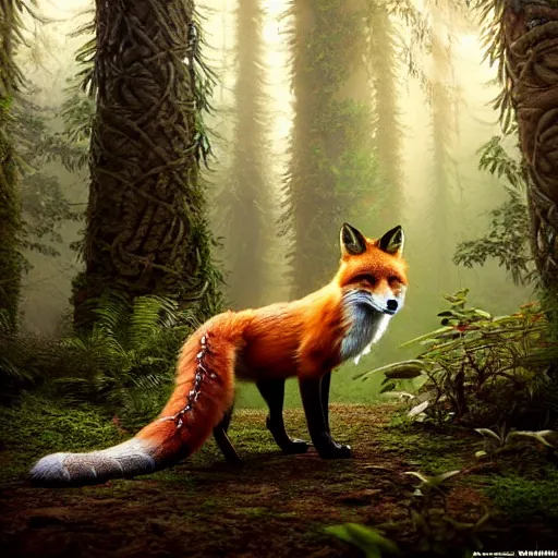 Image similar to fox in a forest with a snakeskin tail, ultra realistic, concept art, intricate details, eerie, highly detailed, photorealistic, octane render, 8k, unreal engine, art by artgerm and Blaz Porenta