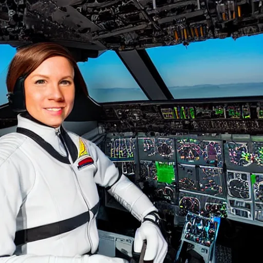 Prompt: female robot fighter pilot poses in jet cockpit