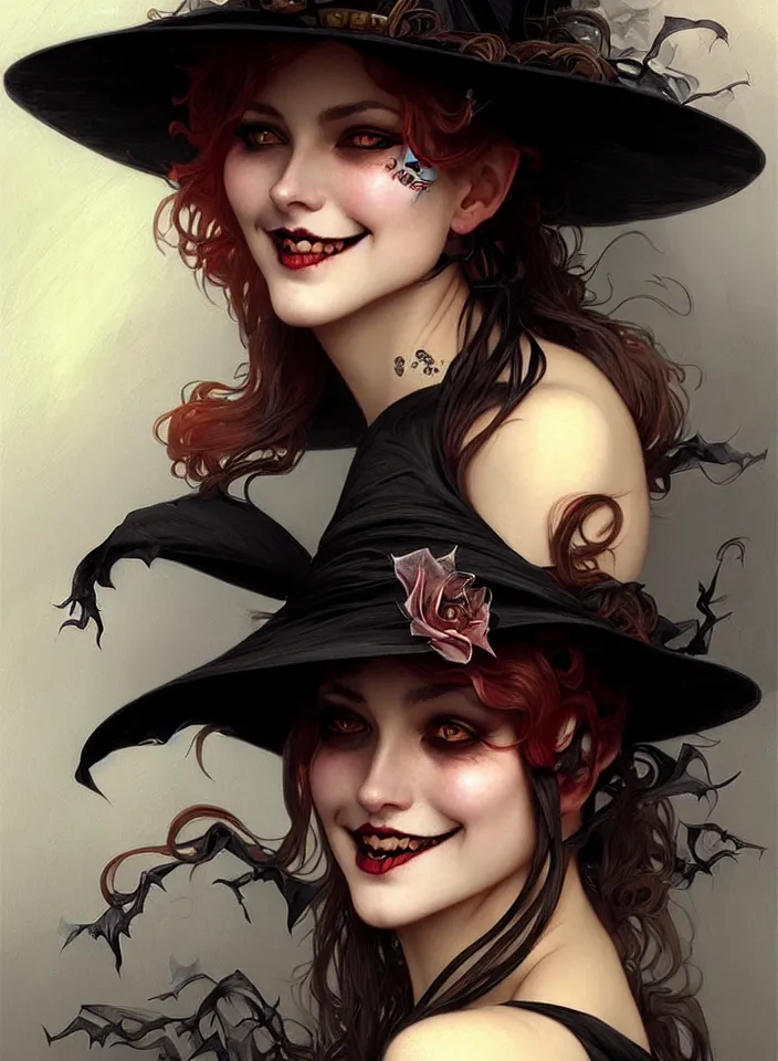 Image similar to halloween witch woman in a hat smiles, fantasy magic, undercut hairstyle, dark light night, intricate, elegant, sharp focus, illustration, highly detailed, digital painting, concept art, matte, art by wlop and artgerm and greg rutkowski and alphonse mucha, masterpiece