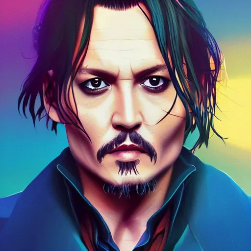 Image similar to portrait of Johnny depp, sunset background, rich vivid colors, ambient lighting, dynamic lighting, 4k, official media, anime key visual, makoto shinkai, ilya kuvshinov, lois van baarle, rossdraws, detailed, trending on artstation