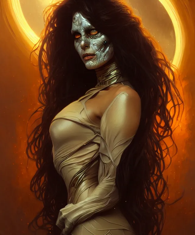 Image similar to Halloween woman portrait, sci-fi, amber eyes, face, long hair, fantasy, intricate, elegant, highly detailed, digital painting, artstation, concept art, smooth, sharp focus, illustration, art by artgerm and greg rutkowski and alphonse mucha