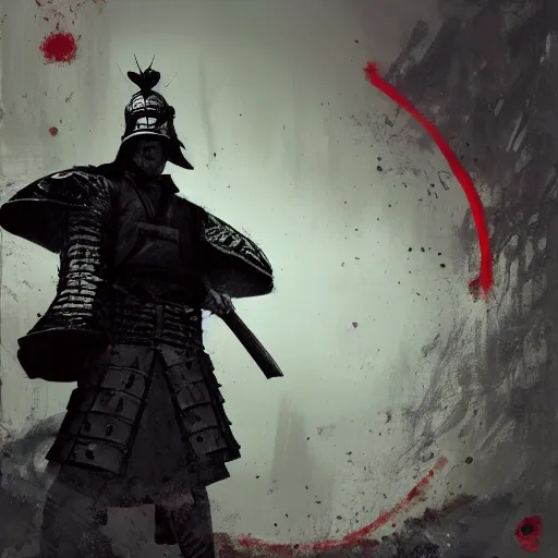 Prompt: artwork by Craig Mullins and Russ Mills and SPARTH showing a well-adjusted samurai in front of a red circle