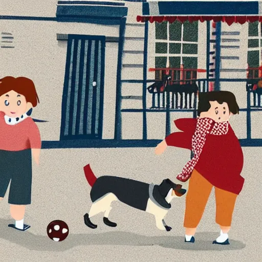 Image similar to illustration of boy playing football with his dog on the streets of paris and his dog happens to be corgi that wears a polkadot scarf