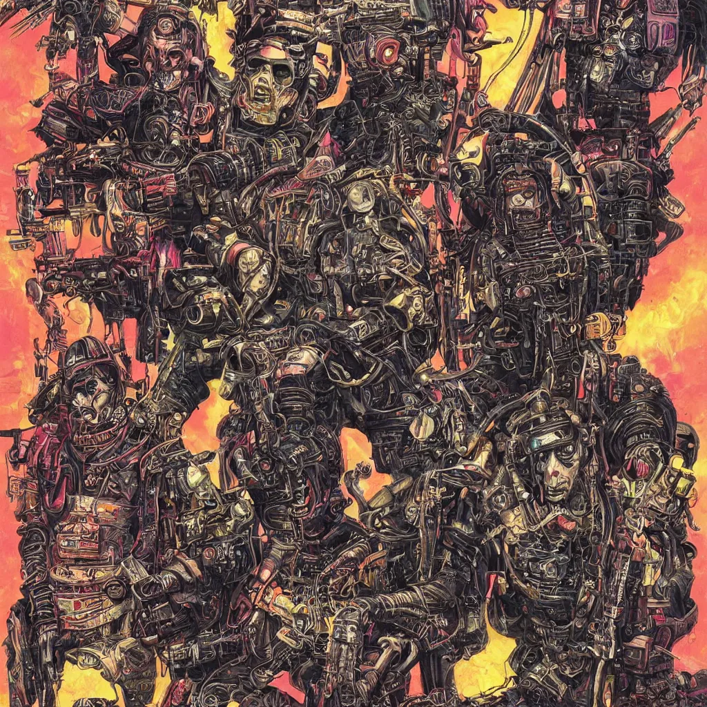 Image similar to A dramatic full-color cyberpunk nouveau illustration of the original members of Motorhead as futuristic leatherpunk rebel soldiers, hyperdetailed artwork by Walt Simonson and Bill Sienkiewicz, wild power, crazy fun, rebelliousness, confident, laughing, dark eyes, tarnished and rusted metal, Mad Max Road Warrior aesthetics, perfectly symmetrical facial features, 8k, deeply realistic hyperdetail, moody volumetric lighting, realistic facial details, 8k, UHD, HDR