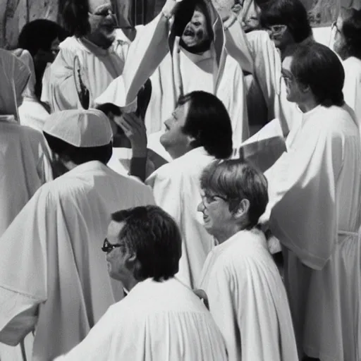 Prompt: alien in clerical robes dousing parishioners with holy water, top secret style, realistic photo, 1 9 7 0 s, color