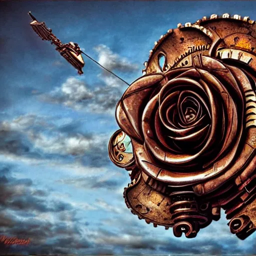 Image similar to giant mechanical rose, steampunk, fantasy art, sky, detailed