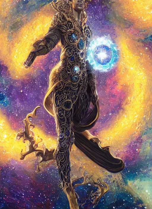 Prompt: high intricate painting of the sandman holding a glimmering galaxy, full shot, neil gaiman, maria panfilova, andrea savchenko, mike kime, ludovic plouffe, qi sheng luo, oliver cook, julian calle, eddie mendoza, trending on artstation