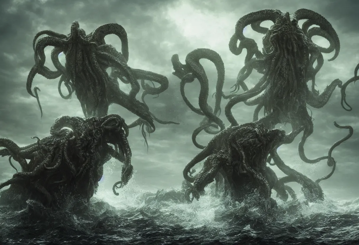 Prompt: concept art of cthulhu emerging from the ocean, omnious old photo, cinematic lighting, apocalyptic, atmospheric, hyper realism, realistic, octane render, dramatic lighting, highly detailed, cinematic