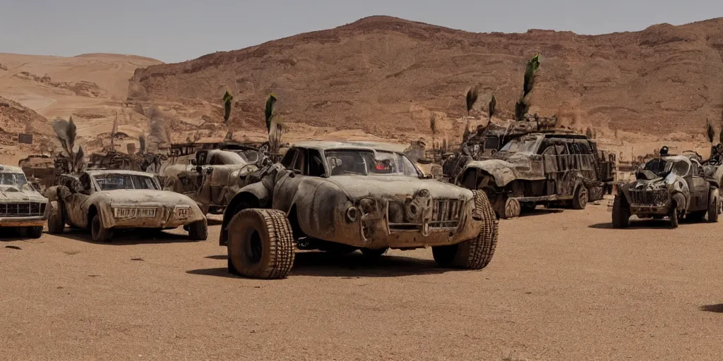 Image similar to mad max inspired vehicle convoy driving through abandoned city square with desert vegetation all around, panorama